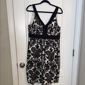 LOFT Black and Cream Patterned Midi Dress, size 10